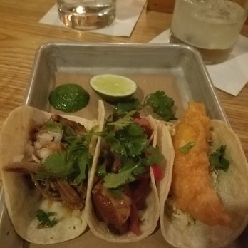 bartaco Seaport - L to R: duck taco, pork belly taco, fish taco. Upper right: house margarita with fresh lime juice. - Tacos Near Me - Boston, Massachusetts