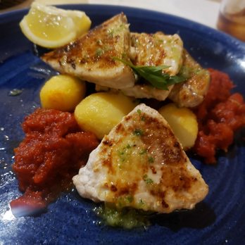 La Fonda - Grilled swordfish with potatoes and tomato confit as part of the Colom menu - Mediterranean Near Me - Barcelona, B La Fonda - Grilled swordfish with potatoes and tomato confit as part of the Colom menu - Mediterranean Near Me - Barcelona, B