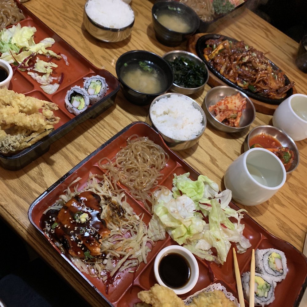 The Sashimi & Teriyaki combination box, Tempura & Teriyaki, Tempura & Bulgogi, and the Spicy Grilled Duck