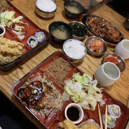 The Sashimi & Teriyaki combination box, Tempura & Teriyaki, Tempura & Bulgogi, and the Spicy Grilled Duck