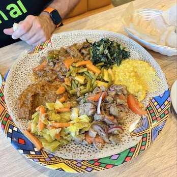 Injera & Beyond - Awaze beef tibs, lamb tibs, veggie combo - Ethiopian Near Me - Cedar Park, Texas