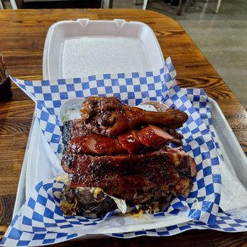 Flossie's BBQ - 2 meat potato which was actually 3 meat with chicken leg on top - Barbeque Near Me - Houston, Texas