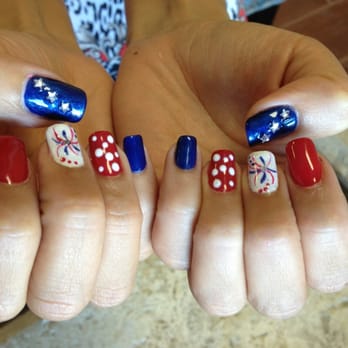 Blackhawk Nails & Spa - Natural Nails - Gelish Polish (red, white, blue), star rhinestone embelishment, firework design- glitter and gelish polish - Nail Salons Near Me - Danville, California