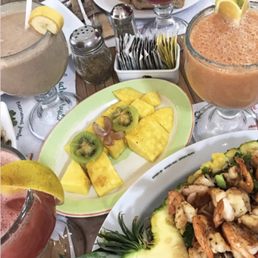 Pineapple shrimp fried rice. Assortment of fresh fruit smoothies.