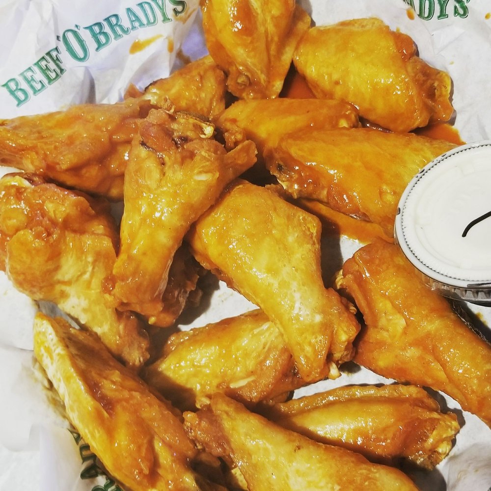 Beef 'O' Brady's - Basket o'wings!! Medium with just the right amount of saucy and spice - Pubs Near Me - Tampa, Florida Beef 'O' Brady's - Basket o'wings!! Medium with just the right amount of saucy and spice - Pubs Near Me - Tampa, Florida