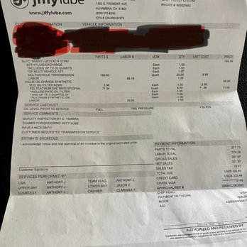 Jiffy Lube Oil Change - Invoice - Auto Repair Near Me - Alhambra, California Jiffy Lube Oil Change - Invoice - Auto Repair Near Me - Alhambra, California
