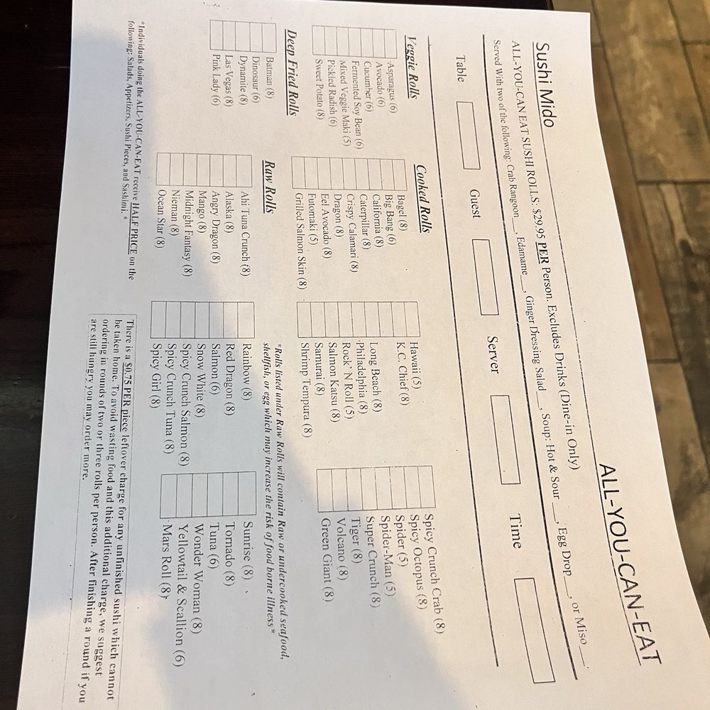 Sushi Mido - All you can eat menu - Japanese Near Me - Shawnee, Kansas