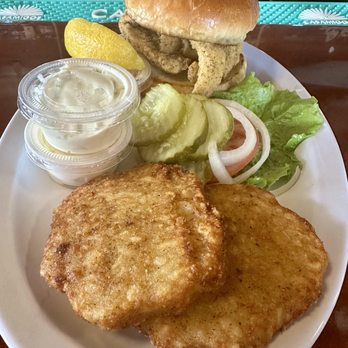 Fin & Ale - The Perch Buster with an upgrade to Potato Pancakes.  Yum! - Bars Near Me - Kenosha, Wisconsin