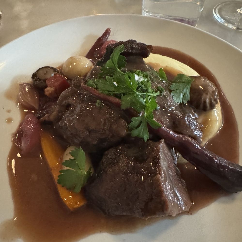 Beef Cheek Bourguignon w/button mushrooms, lardons, pomme puree