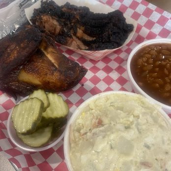 The Smoke House at Monkey Junction - Brisket and chicken with potato salad and beans - Barbeque Near Me - Wilmington, North Carolina The Smoke House at Monkey Junction - Brisket and chicken with potato salad and beans - Barbeque Near Me - Wilmington, North Carolina