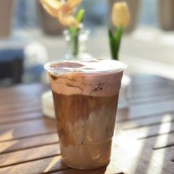 Lee's Coffee House - Iced Moody Latte - Pistachio Latte with Strawberry Cream Top IG: @ammysalamii