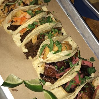 bartaco - From left to right: The first 5 are Ribeye Tacos, the next is a Fish Taco and the last 3 are Pork Belly Tacos - Mexican Near Me - Atlanta, Georgia