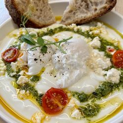 Stanislav Avenida - Yogurt, soft cheese, poached eggs, tomato, pesto and oil.