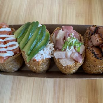 Yubuya - From Left to Right Salmon, Crab, Hamachi, and Spam - Japanese Near Me - Costa Mesa, California Yubuya - From Left to Right Salmon, Crab, Hamachi, and Spam - Japanese Near Me - Costa Mesa, California