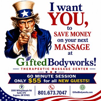 Gifted Bodyworks - Celebrate your Independence from pain and fatigue with this spectacular deal on your next Custom Massage! - Massage Therapy Near Me - Eugene, Oregon Gifted Bodyworks - Celebrate your Independence from pain and fatigue with this spectacular deal on your next Custom Massage! - Massage Therapy Near Me - Eugene, Oregon
