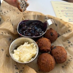Blueberry Hush Puppies. Never heard of these but they were amazing especially with the blueberry compote.