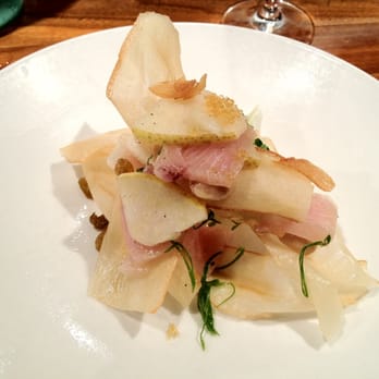 Uchi Austin - Machi cure, smoked baby yellowtail, yucca chips, Asian pear, marcona almonds, raisins - Sushi Bars Near Me - Austin, Texas