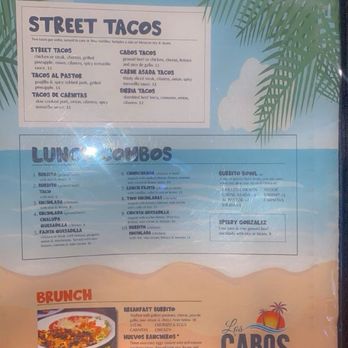Los Cabos - Menu - Menu board from Los Cabos in Akron, OH, featuring lunch options including street tacos, lunch combos, and brunch items, with colorful design and tropical graphics. - Seafood Near Me - Akron, Ohio