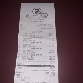 Livingston's Amusements - Receipt - Pizza Near Me - Sarasota, Florida Livingston's Amusements - Receipt - Pizza Near Me - Sarasota, Florida