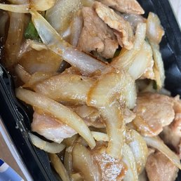 Mongolian Pork, shrimp fried rice and chicken egg rolls Mongolian Pork, shrimp fried rice and chicken egg rolls
