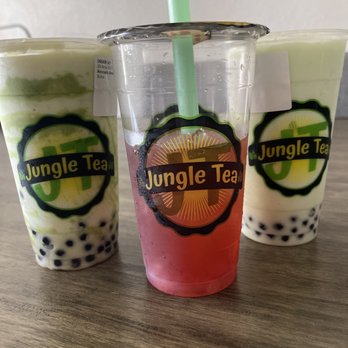 Jungle Tea - Avocado smoothie with boba, dragon fruit with dragon fruit popping bubbles and honeydew smoothie with boba - Coffee & Tea Near Me - San Diego, California