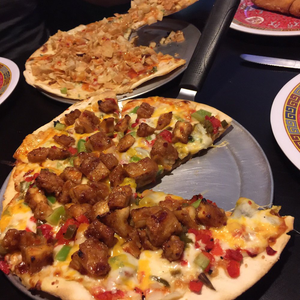Fong's Pizza - Crab Rangoon Pizza and Spicy General's Chicken. Both tasty crispy thin crust style fusion fun.. - Pizza Near Me - Des Moines, Iowa Fong's Pizza - Crab Rangoon Pizza and Spicy General's Chicken. Both tasty crispy thin crust style fusion fun.. - Pizza Near Me - Des Moines, Iowa