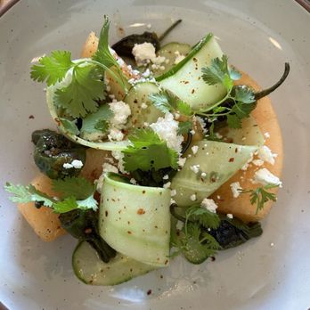 The Midway - Cucumber and Padron salad with melon and feta - American Near Me - Santa Cruz, California The Midway - Cucumber and Padron salad with melon and feta - American Near Me - Santa Cruz, California