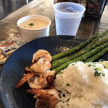 FISH DISTRICT - Shrimp plate with rice & asparagus $14+$1. Cup of clam chowder $4 - Seafood Near Me - San Diego, California
