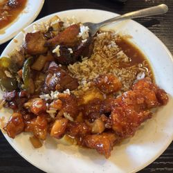 King Buffet - A mix of Bourbon, Sesame, and Honeg orange chicken with rice.