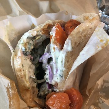 Brassica - Pita with chicken, carrots, baba ganoush, slaw, and special sauce - Mediterranean Near Me - Upper Arlington, Ohio Brassica - Pita with chicken, carrots, baba ganoush, slaw, and special sauce - Mediterranean Near Me - Upper Arlington, Ohio