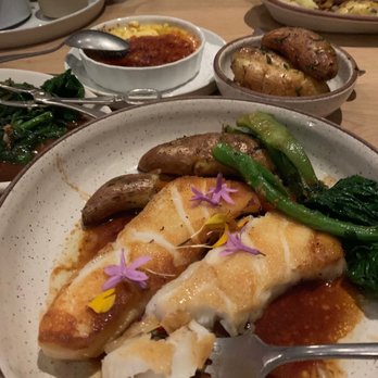 Ember & Rye - Sea Bass, Artic Char Flambadou with Habanero Hazelnut "XO" Sauce, tiny roasted potatoes, Chinese broccoli, crème brûlée corn - Seafood Near Me - Carlsbad, California Ember & Rye - Sea Bass, Artic Char Flambadou with Habanero Hazelnut "XO" Sauce, tiny roasted potatoes, Chinese broccoli, crème brûlée corn - Seafood Near Me - Carlsbad, California