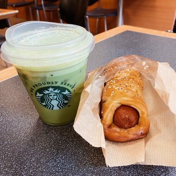 Starbucks - matcha latte & angus beef hotdog pretzel bun - Coffee & Tea Near Me - Baltimore, Maryland