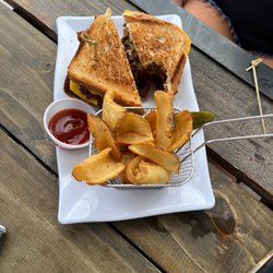 Conroe Lake House - Brisket and grilled cheese sandwich.