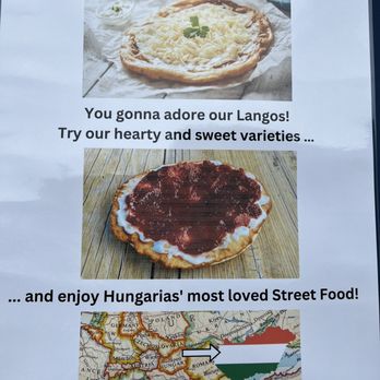Langos - a sign with a map and a picture of a pizza - Food Trucks Near Me