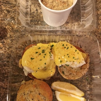 Wild Eggs - Crabby Patty Bennie with Grits of the Day (bacon, sausage, and cheddar jack cheese) and an Everything Muffin - Breakfast & Brunch Near Me - Lexington, Kentucky Wild Eggs - Crabby Patty Bennie with Grits of the Day (bacon, sausage, and cheddar jack cheese) and an Everything Muffin - Breakfast & Brunch Near Me - Lexington, Kentucky