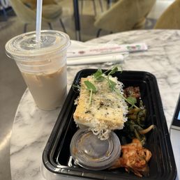 Mochi Crusted Mrs. Chengs Tofu and iced latte
