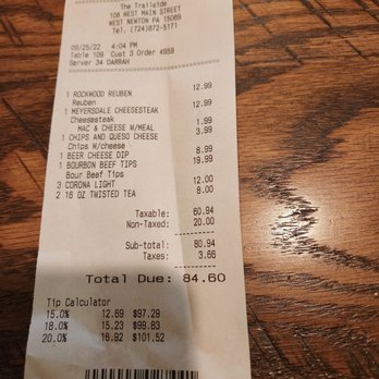 The Trailside - a receipt on a table - New American Near Me - West Newton, Pennsylvania