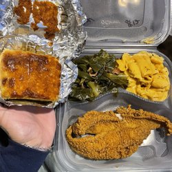 JoJo's Soul Food and Memphis BBQ - The 2 piece catfish combo- mac and cheese, collard greens, and cornbread