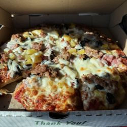 Stan's Late Night Pizza Factory - Hawaiin Pizza w/ added Italian Fennel Sausage and Black Olives.