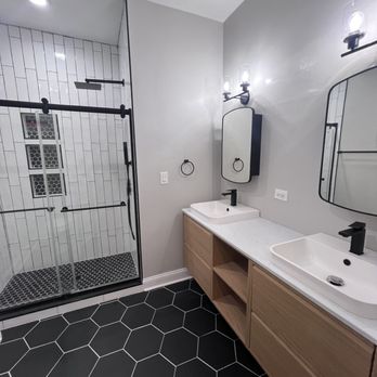 CACG Kitchen & Bath - Completed in 9 Days ! New his and hers sink. New shower with tile, niche, waterfall shower head and sliding glass shower door - General Contractors Near Me