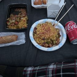 Golden Star - Egg Roll, Chinese Donuts, shrimp with peanuts over rice and white rice