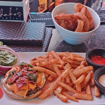 Chako's Social - Bacon jalapeno smash burger, fries, onion rings, and a raspberry white long Island - New American Near Me - Fullerton, California