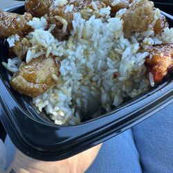Panda Express - 6-7 pieces of super hard chicken and like two huge handfuls of rice.