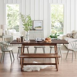Gat Creek - Our Appalachian Hardwood Waldon table in a great room setting with our solid wood Emily chairs and Lakehouse bench.
