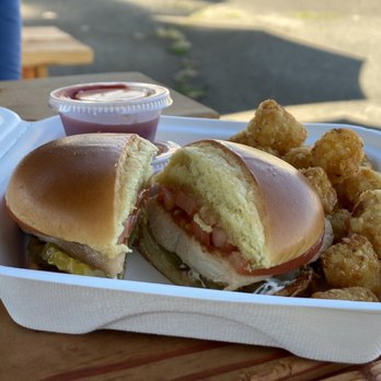 Kristy's Down Home Cookin' - Chicken Sandwich and Tater Tots with Ketchup and Cajun Ranch - Food Court Near Me - Estacada, Oregon
