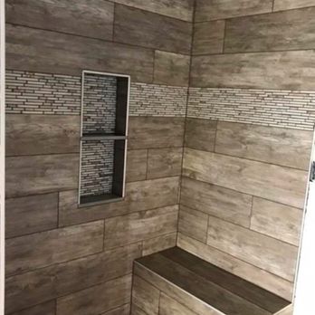 Old Town Tile - Wood plank shower with custom niche and bench - Tiling Near Me Old Town Tile - Wood plank shower with custom niche and bench - Tiling Near Me