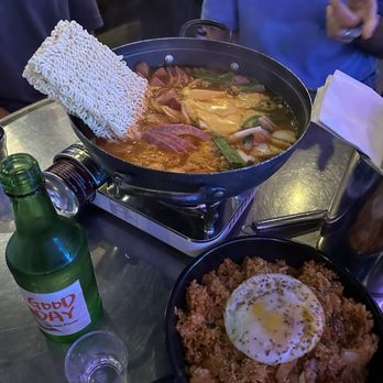 New Village Gastro Pub - Army stew  Kimchi fried rice  Soju  Instagram: @hungrytamale - Korean Near Me - Northbrook, Illinois