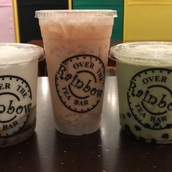 Over The Rainbow Tea Bar - (1) frozen caramel milk tea with taro pudding and boba, (2) rose milk tea with lychee jelly, & (3) matcha smoothie with boba. - Desserts Near Me - Renton, Washington