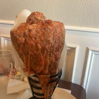 Amano - FAT BABY, with meatball just hanging out on top , Amazing - Pizza Near Me - Las Vegas, Nevada