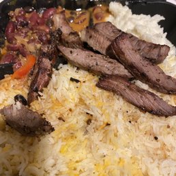Mediterranean Steak Bowl (includes saffron rice, steak, mashed potato and mixed beans)